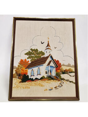 Vintage 80s Fall Church Landscape Embroidered Framed Wall Art